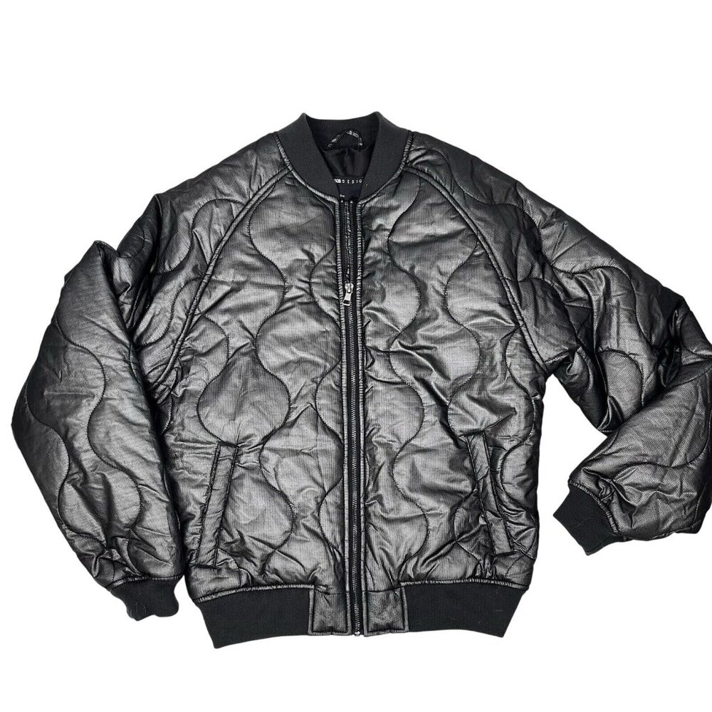 ASOS DESIGNS Men's Black Shiny Quilted Full Zip Bomber Jacket XS
